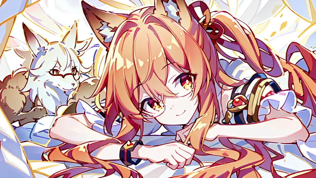 ((Best quality)), ((masterpiece)), (detailed), best quality，8K，original photo，Red Fox Maiden，touch fox，Castle Background， Liveliness. Carefree happy joy bokeh background. Quiet aesthetics. Soft lighting. Artistic Lighting. Gold frame glasses