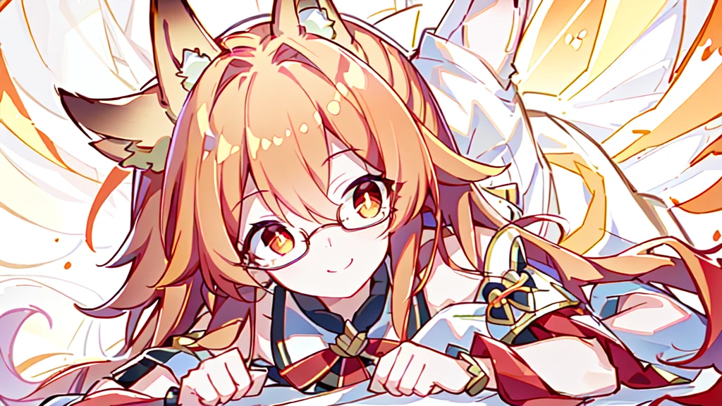 ((Best quality)), ((masterpiece)), (detailed), best quality，8K，original photo，Red Fox Maiden，touch fox，Castle Background， Liveliness. Carefree happy joy bokeh background. Quiet aesthetics. Soft lighting. Artistic Lighting. Gold frame glasses