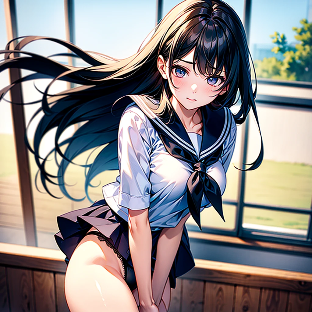 (masterpiece、Highest quality、High resolution、Highest quality、Realistic depiction)Created by Girl(whole body)、Long Black Hair、Beautiful Eyes、high school girl、Classroom after school、Showing her underwear at a low angle、Panty shot、Sailor suit、Big Breasts、Chest、She spreads her legs wide to show her underwear.、Crotch Emphasis、Embarrassed