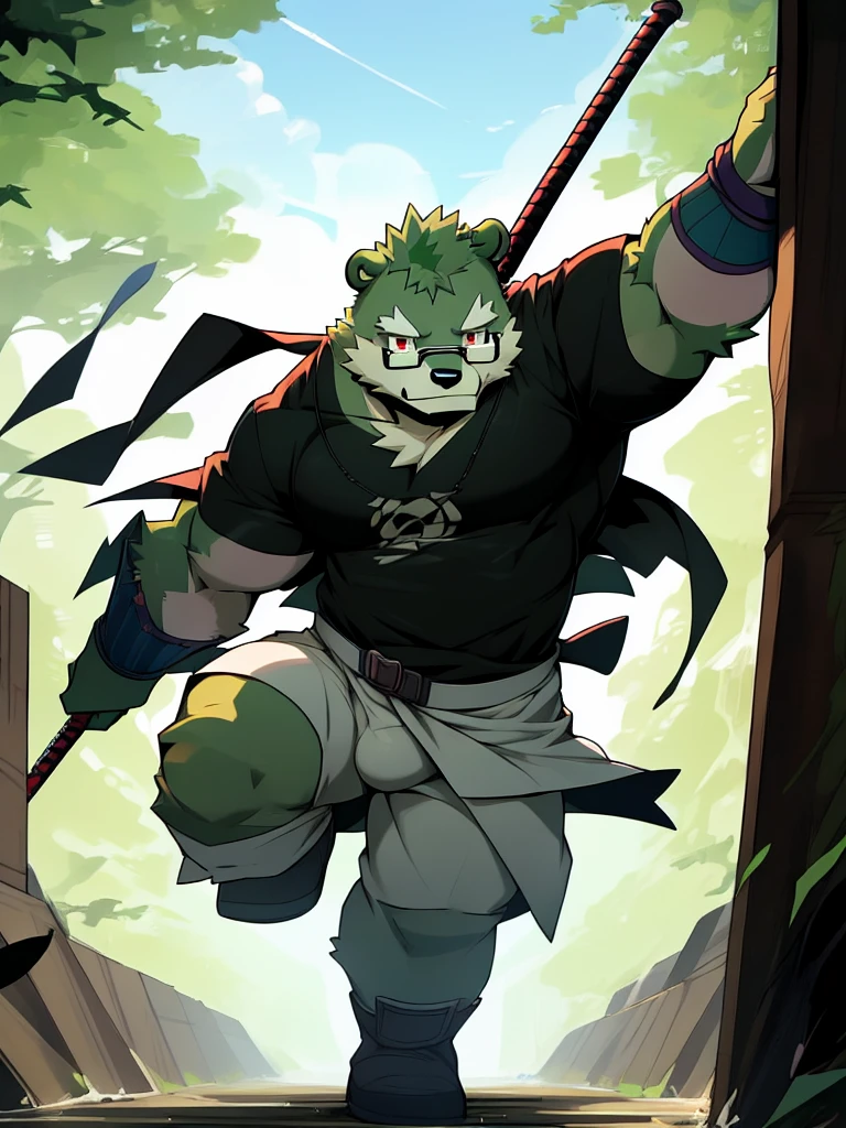 New Jersey 5 Hairy, masterpiece, high quality, anime, detailed eyes, male kosutora, anthro, tiger, Great physique, strong arms manly, (((green bear))), (((green fur))), green hair, beard, white eyebrows, bald, detailed red eyes, tall, Joyful, (black t-shirt inside), (((white unhooded trench coat ))), by zixiong, katana, glasses, action pose, taser gun, mage staff,