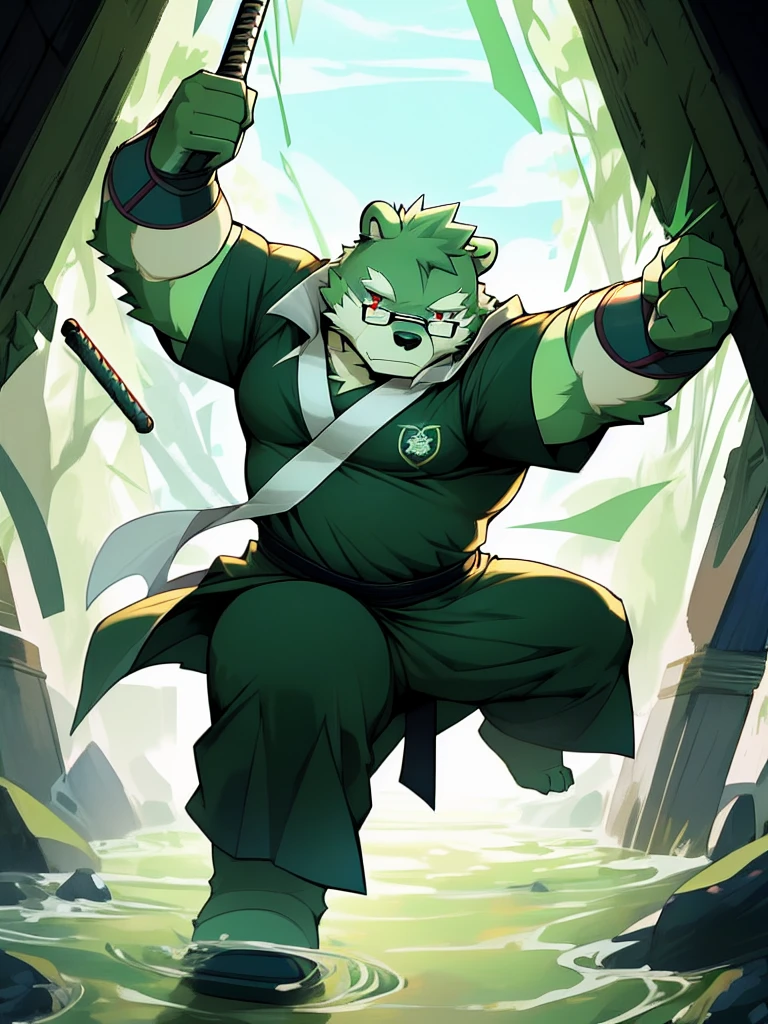 New Jersey 5 Hairy, masterpiece, high quality, anime, detailed eyes, male kosutora, anthro, tiger, Great physique, strong arms manly, (((green bear))), (((green fur))), green hair, beard, white eyebrows, bald, detailed red eyes, tall, Joyful, (black t-shirt inside), (((white unhooded trench coat ))), by zixiong, katana, glasses, action pose, taser gun, mage staff,