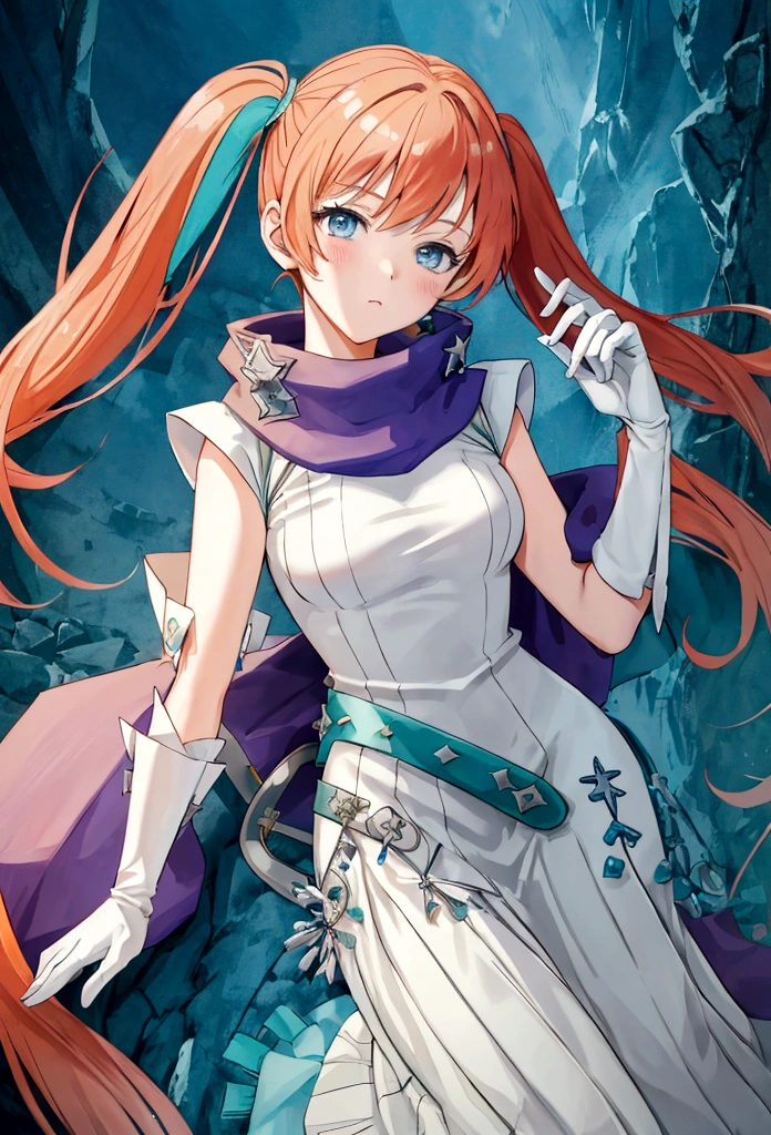 work of art, best qualityer, 2d anime style, White girl, short size hair, twin tails, light orange redhead, blush cheeks, turquoise eyes, long white dress with light blue details, silver details, sleeveless, elbow gloves, light blue scarf, waist belt, docile expression, diadem, Medieval theme, Priest Rpg, castle background, Healer, sky appearing, holding white scepter with blue details. fully body, concept art, Brown boots
