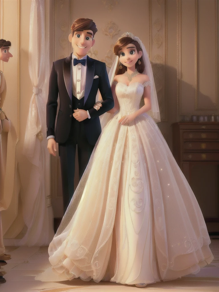 A man and a woman in formal attire pose for a photo, wedding, Cute couple, Elegant couple, portrait，(best quality,high resolution,masterpiece:1.2), Disney Pixar style couple, Extremely detailed, (Practical,photoPractical,photo-Practical:1.37), Vibrant colors, Stage lighting