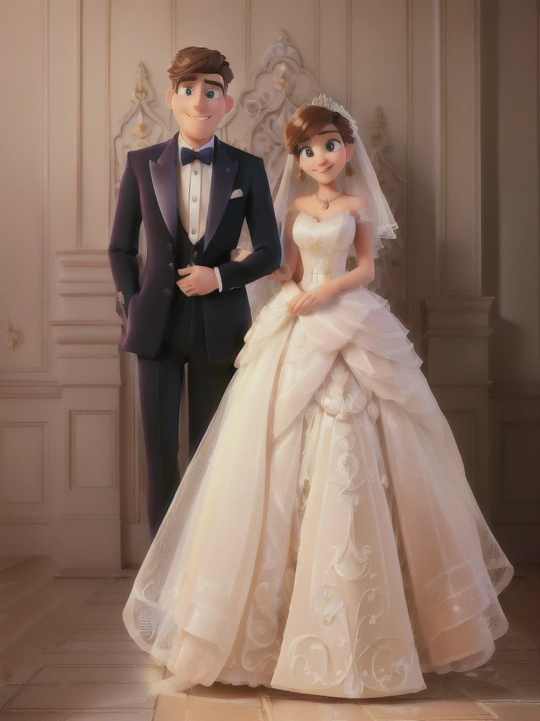 A man and a woman in formal attire pose for a photo, wedding, Cute couple, Elegant couple, portrait,(best quality,high resolution,masterpiece:1.2), Disney Pixar style couple, Extremely detailed, (Practical,photoPractical,photo-Practical:1.37), Vibrant colors, Stage lighting