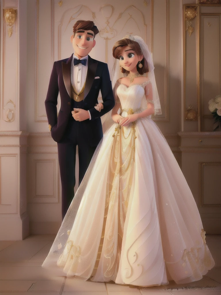 A man and a woman in formal attire pose for a photo, wedding, Cute couple, Elegant couple, portrait,(best quality,high resolution,masterpiece:1.2), Disney Pixar style couple, Extremely detailed, (Practical,photoPractical,photo-Practical:1.37), Vibrant colors, Stage lighting