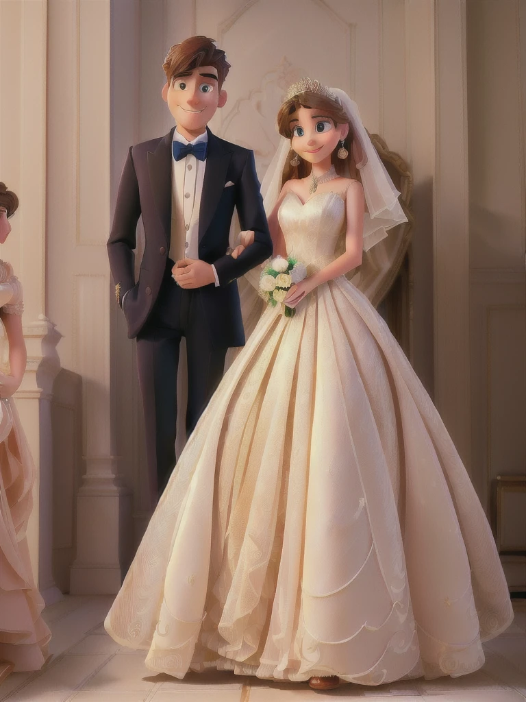 A man and a woman in formal attire pose for a photo, wedding, Cute couple, Elegant couple, portrait,(best quality,high resolution,masterpiece:1.2), Disney Pixar style couple, Extremely detailed, (Practical,photoPractical,photo-Practical:1.37), Vibrant colors, Stage lighting