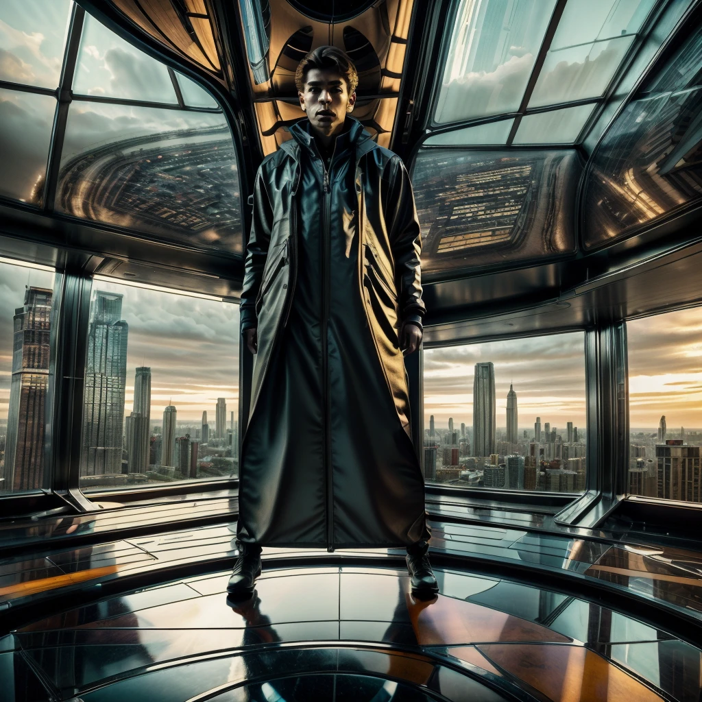 A male protagonist looks up from the large floor-to-ceiling windows of a super-tall skyscraper,Seeing the city of the future outside