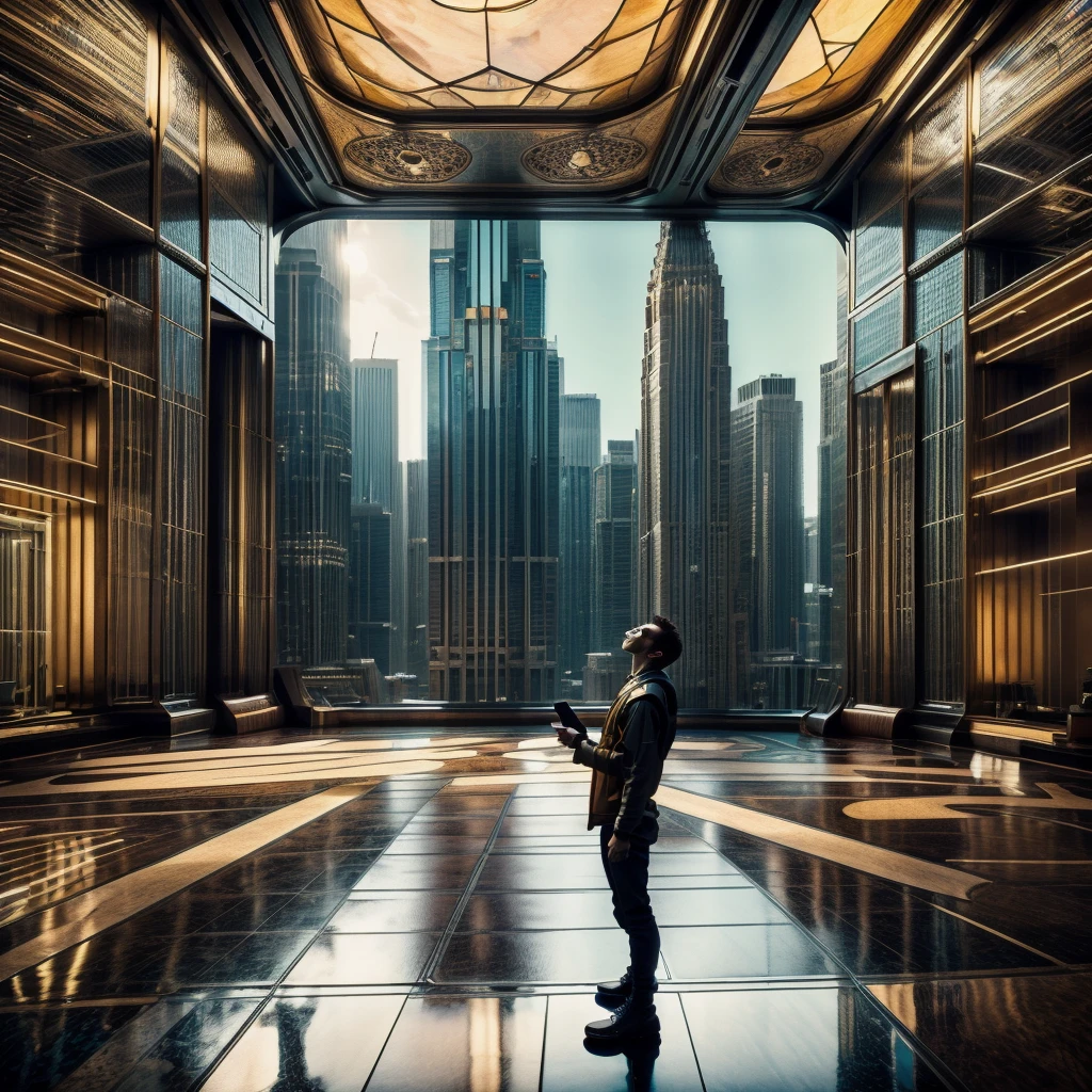 A male protagonist looks up from the large floor-to-ceiling windows of a super-tall skyscraper,Seeing the city of the future outside