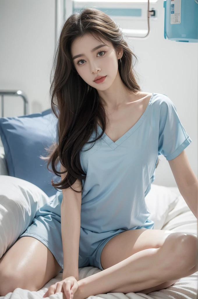 (((best quality))),(((ultra detailed))),(((masterpiece))),illustration,1girl,solo,slim,fragile,beauty,light blue hospital gown,sitting on the surgical bed,hospital operating room,contraceptive coil removal,anxiety,anticipation,long flowing hair,almond-shaped eyes,fair complexion,soft color,slender figure,tidy bow,sterile equipment,metal bed frames,healthcare professional,scrubs,surgical mask,spread legs apart,night scene