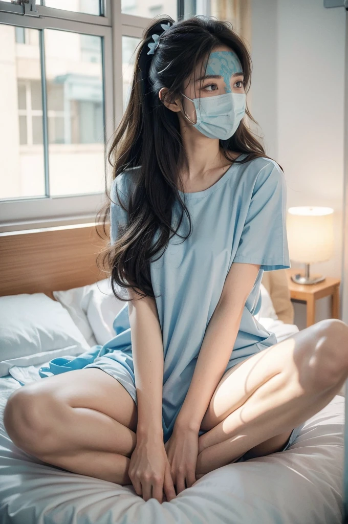 (((best quality))),(((ultra detailed))),(((masterpiece))),illustration,1girl,solo,slim,fragile,beauty,light blue hospital gown,sitting on the surgical bed,hospital operating room,contraceptive coil removal,anxiety,anticipation,long flowing hair,almond-shaped eyes,fair complexion,soft color,slender figure,tidy bow,sterile equipment,metal bed frames,healthcare professional,scrubs,surgical mask,spread legs apart,night scene
