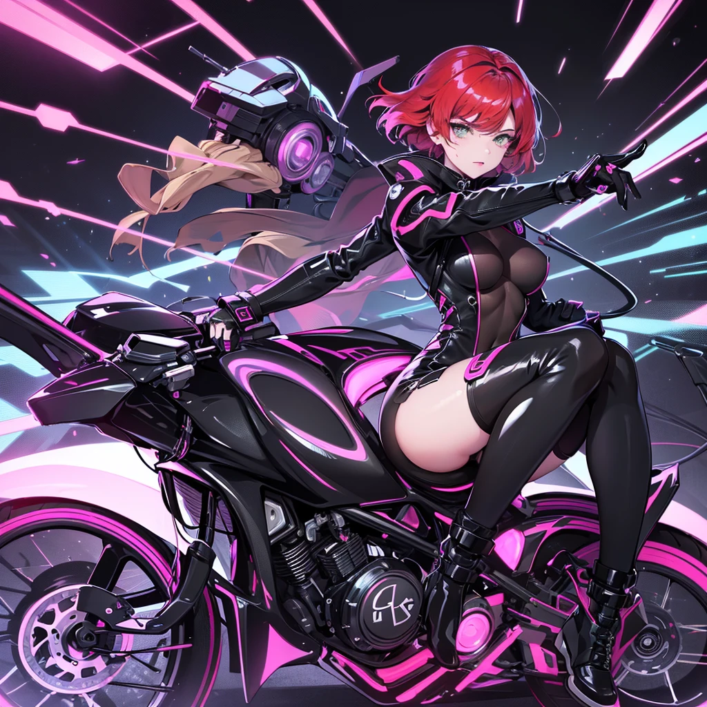 The image shows an illustrated character sitting on a motorcycle.. The character has short hair and wears a suit with black-violet colors and yellow neons that surround his prominent bodysuit.... The motorcycle looks big and futuristic., same color palette with elegant lines and luminous elements. The background suggests an urban environment illuminated with neon lights., possibly at night. There are various shapes and patterns reminiscent of digital or cybernetic motifs..., contributing to the overall sci-fi look of the image.. I imagine this girl with a futuristic appearance and full of mystery.. His body is wrapped in a purple and black jumpsuit.., Shiny chains entwine around his arms and legs., as if they were metallic tattoos. The three-strand necklace, with its padlock in the shape of digits, It is their symbol of submission and devotion.. Her red hair falls in waves over her shoulders..., and his green eyes shine with a mixture of passion and obedience. The black dress fits her curves., enhancing her voluptuous figure. Each chain that tightens around her skin is a reminder of her role as a beloved slave.... In the dark garage, the girl prepares for her master. The cyberpunk motorcycle awaits you, Its shiny surface reflects the neon lights of the city. The cat-shaped helmet gives it a mysterious look., and the tail that extends from the back of the seat seems to have a life of its own. She rides the motorcycle with grace., speeding into the night. The wind whistles in his ears as he walks through the dark streets., ready to carry out your master'orders. In this futuristic world, where technology and passion intertwine, she is his slave, your confidant and your lover. The girl with the chains and a cyberpunk motorcycle is an enigma, a mixture of desire and slavery. Their story unfolds under the twinkling lights of the city.., and his figure becomes a legend in the night streets. SIMILAR TO IP:but