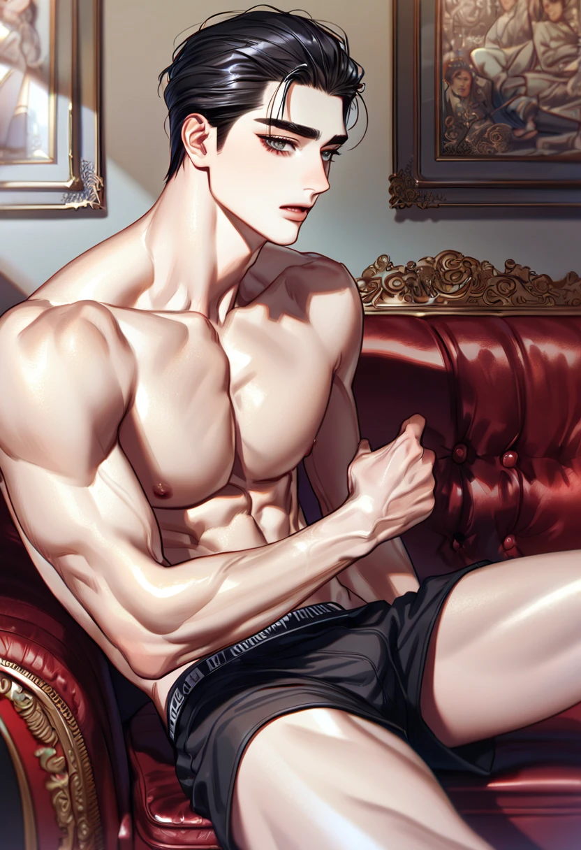 absurdres, highres, ultra detailed, HDR, master piece, best quality, perfect eyes, defined appearance, Joo Jaekyung, black hair, slicked back, ruffled, expressive gray eyes, Jinx, solo, sexy man, handsome, horny, toned chest, black boxers, room, couch, sitting