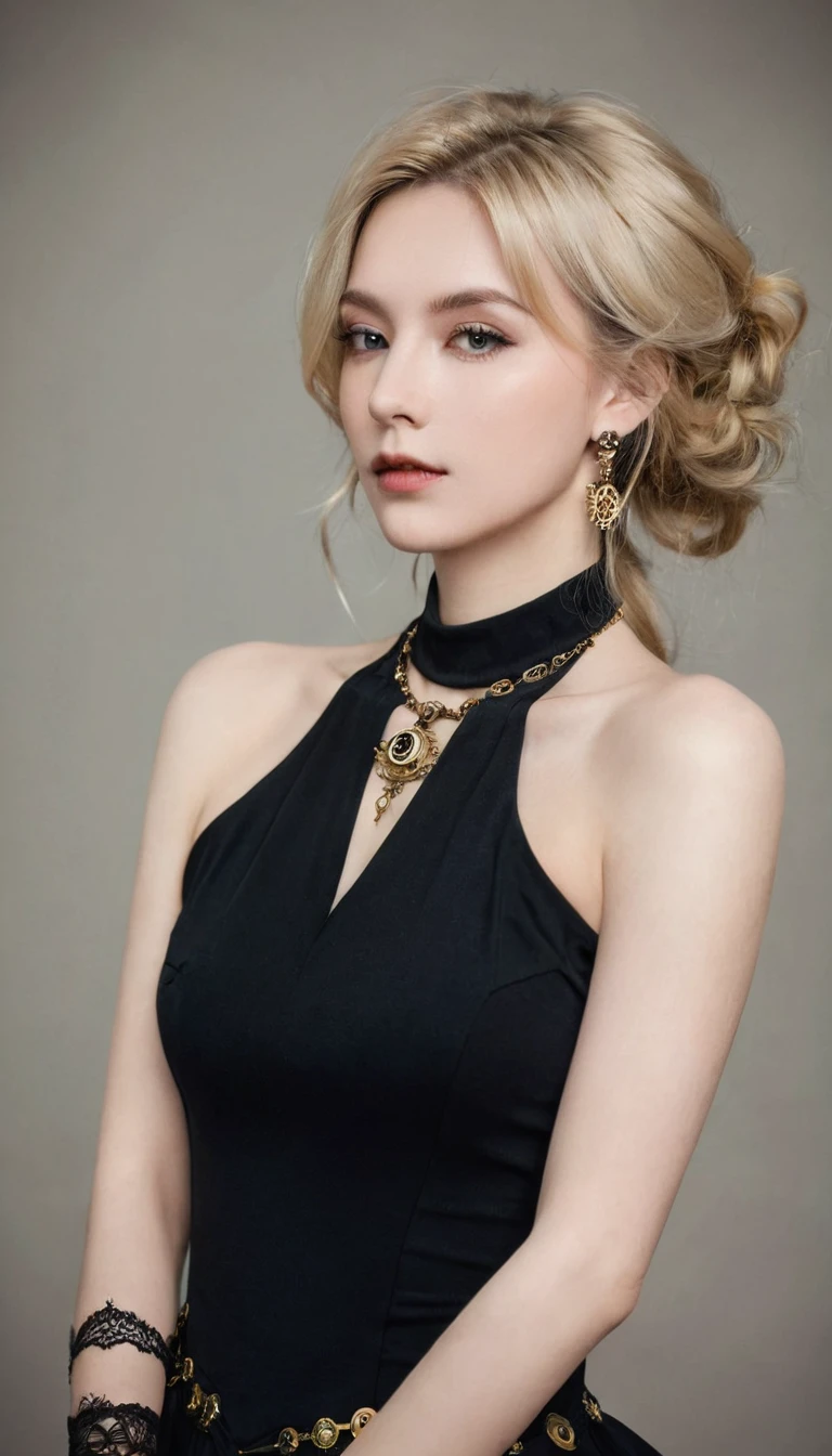 Opened, Fille en portrait blonde cheveux longs, black sexy dress , neckleace, (Victorian), ((Steampunk)), la photographie, travail, elegant, meticulous, magnificent, Maximum details, Extreme search for aesthetics, intricate details, a lot of'gears,