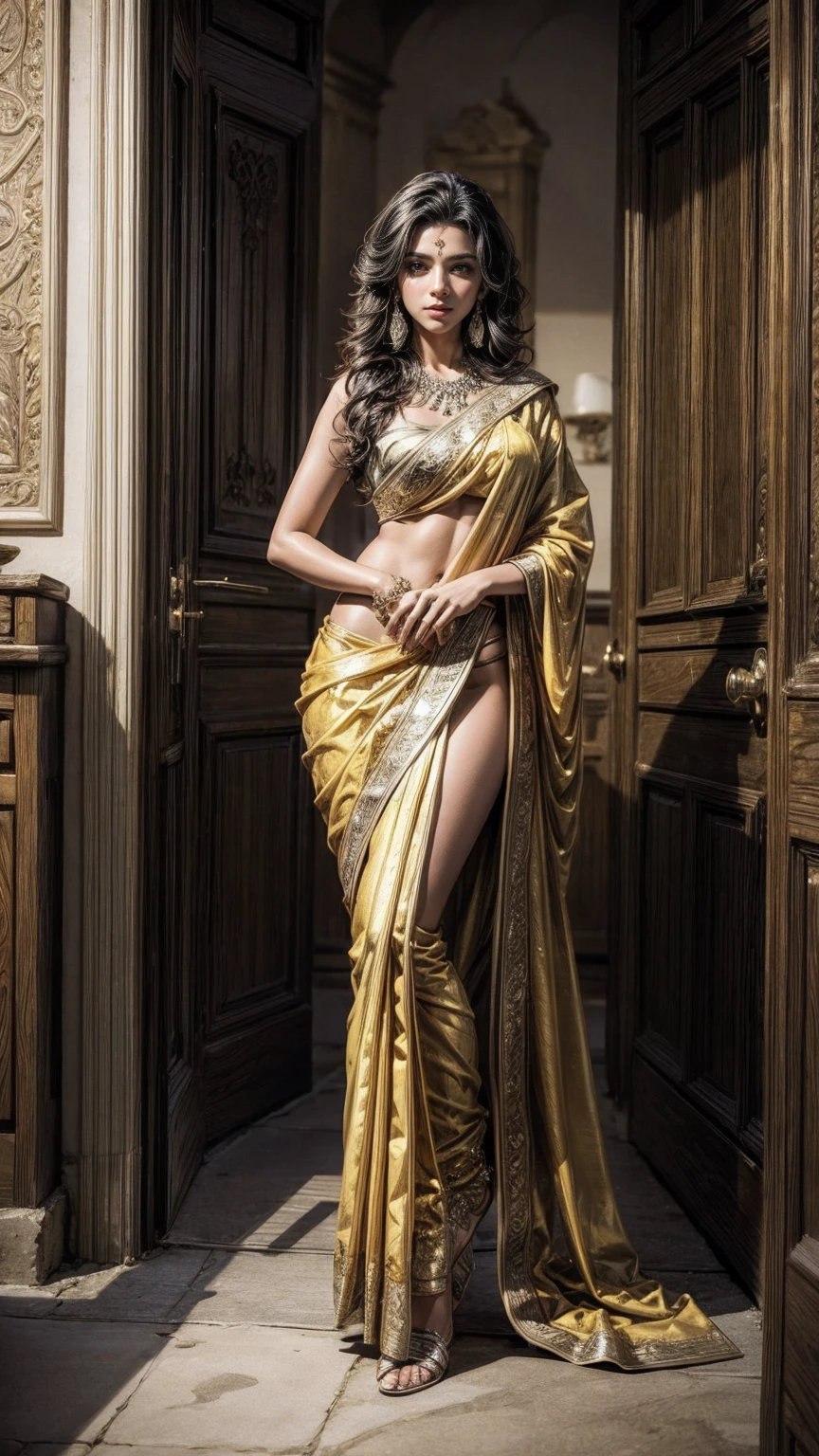sexy hot dark skinned indian model girl,girl in sexy tight hot yellow silk saree ,hot body,girl , in the bedroom ,Add more detail, full body view 