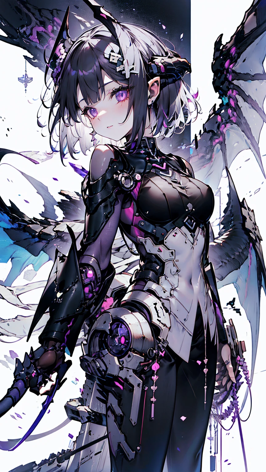 Deep Dark Purple Short bob hair, purple eyes, dark grey long-sleeved shirt, Black trousers, Deep dark purple overcoat, Cyber dragon, hacker, Purple horn, Cyborg, Hologram
