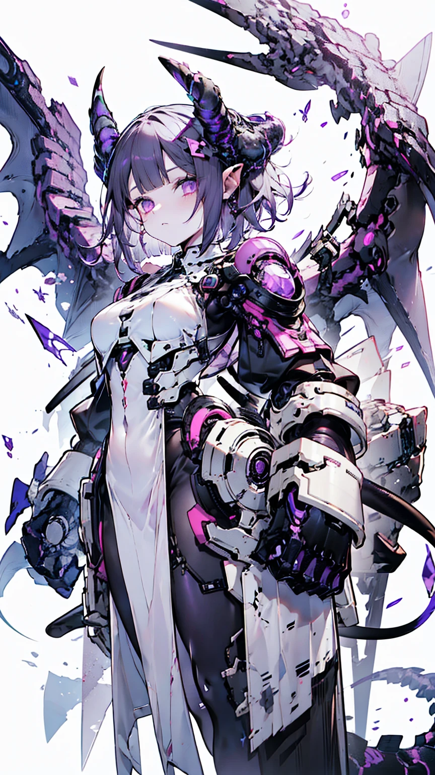Deep Dark Purple Short bob hair, purple eyes, dark grey long-sleeved shirt, Black trousers, Deep dark purple overcoat, Cyber dragon, hacker, Purple horn, Cyborg, Hologram