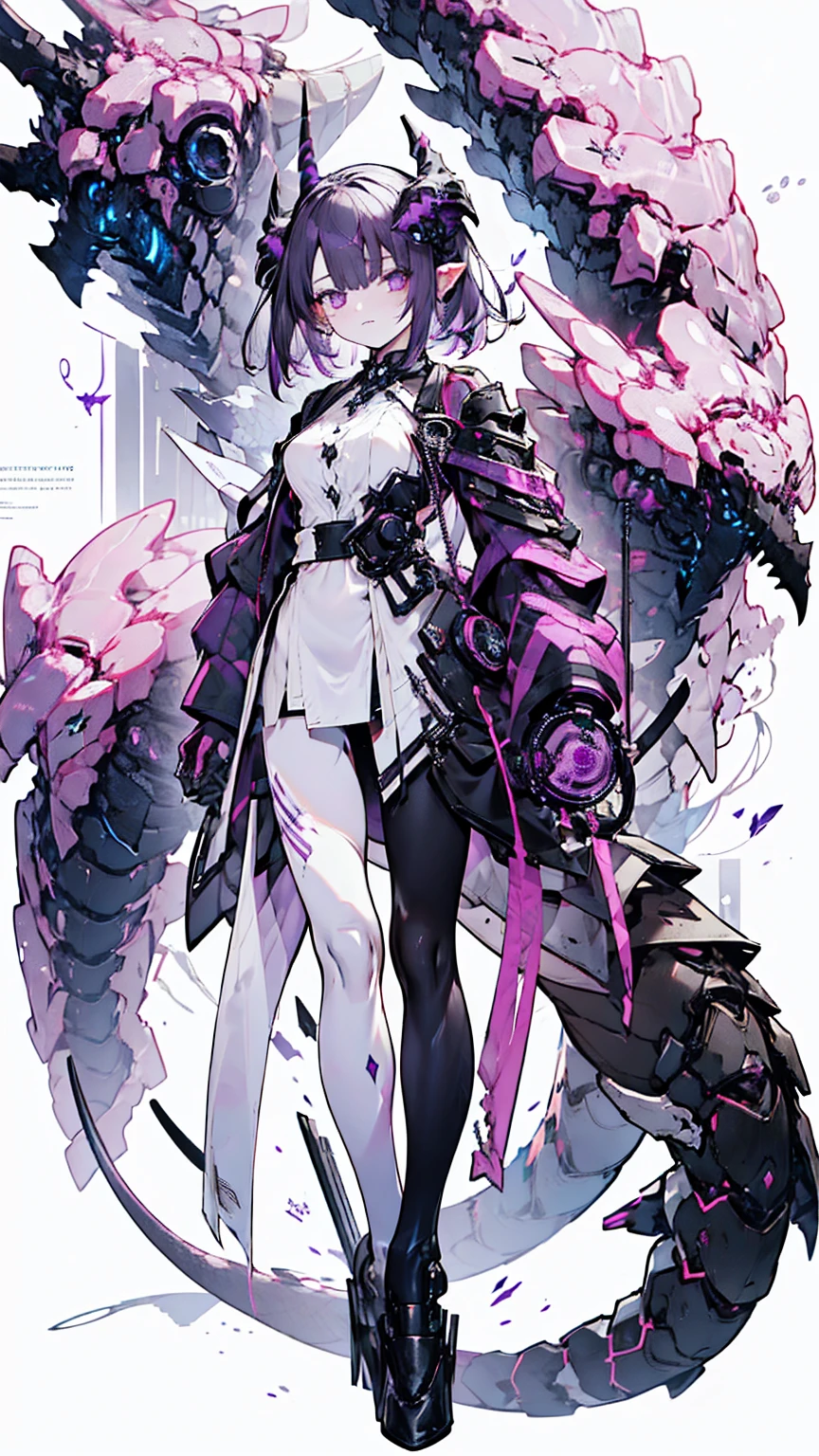 Deep Dark Purple Short bob hair, purple eyes, dark grey long-sleeved shirt, Black trousers, Deep dark purple overcoat, Cyber dragon, hacker, Purple horn, Cyborg, Hologram