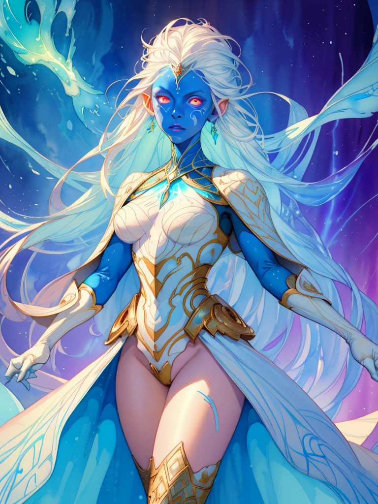 (work of art), 1girl concept art, glare eyes, prominent white body and facial markings, (full blue Skinned), colorful glowing energy streams, in elegant modest dress, White hair, Accurate anatomy, combat dress, Female One, modestly dressed, , 1 blue person_Skinned, 
fancy,
absurderes, best qualityer,
(watercolor painting by gerald brom }