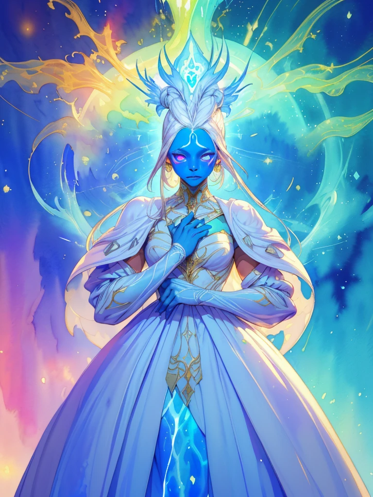 (work of art), 1girl concept art, glare eyes, prominent white body and facial markings, (full blue Skinned), colorful glowing energy streams, in elegant modest dress, White hair, Accurate anatomy, combat dress, Female One, modestly dressed, , 1 blue person_Skinned, 
fancy,
absurderes, best qualityer,
(watercolor painting by gerald brom }