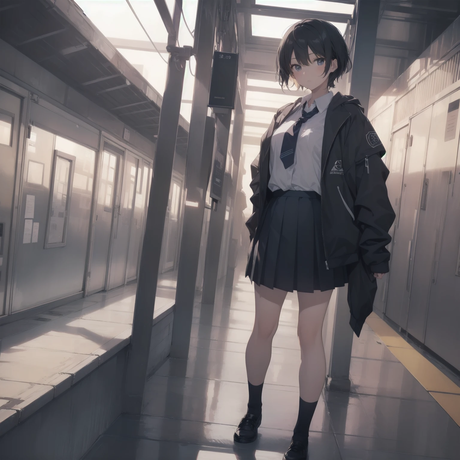 ultra-absurdres-Top quality by artist God, ultra-detailed, high resolution, anime moe artstyle, best anime 8k konachan wallpaper, pixiv contest winner, pool:2810, perfect anatomy,break, 1girl, (Please draw a girl walking sleepily to school alone. )break,(Solo,little female, 13-year-old:1.3),Full limbs, complete fingers,a junior high school student, (very short hair), short cut, flat chest, , small butt, small black eyes, beautiful detailed eyes, well-proportioned iris and pupils, expressive eyes, highres detailed hair, soft expression, salor school_uniform, sailor collar, serahuku, bow, pleated skirt,(Detailed Lighting), (Detailed background), in the School commute route. break,super detailed skin, Best cinematic lighting powered by famous artist, 8k,beauty illustration,photoshop_(medium),very aesthetic,break,((artist:saiguchi_otoufu )), artist:clamp ,artist:carnelian ,artist:kantoku ,