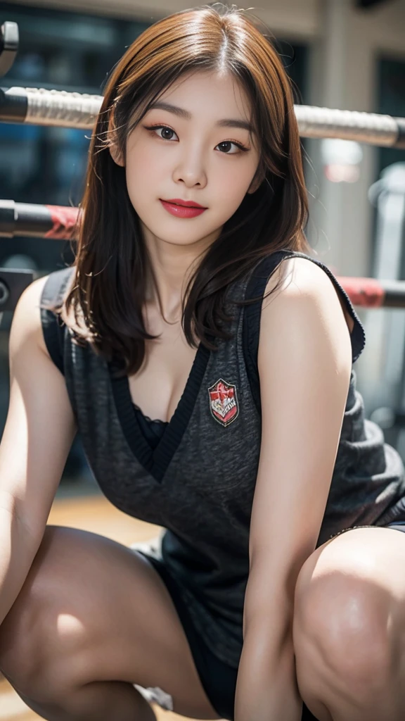 Highly detailed CG unity 8k wallpaper, of the highest quality, Super detailed, masutepiece, Realistic, photographrealistic, extremely detailed cute girl, 25yo, cleavage , (perspired) , Round eyes, peeping at the viewer, Blush, Smile, parted lip, Semi-body shot , Realistic、track suit、Realistic reproduction with vests , Panties , Squat, sports gym