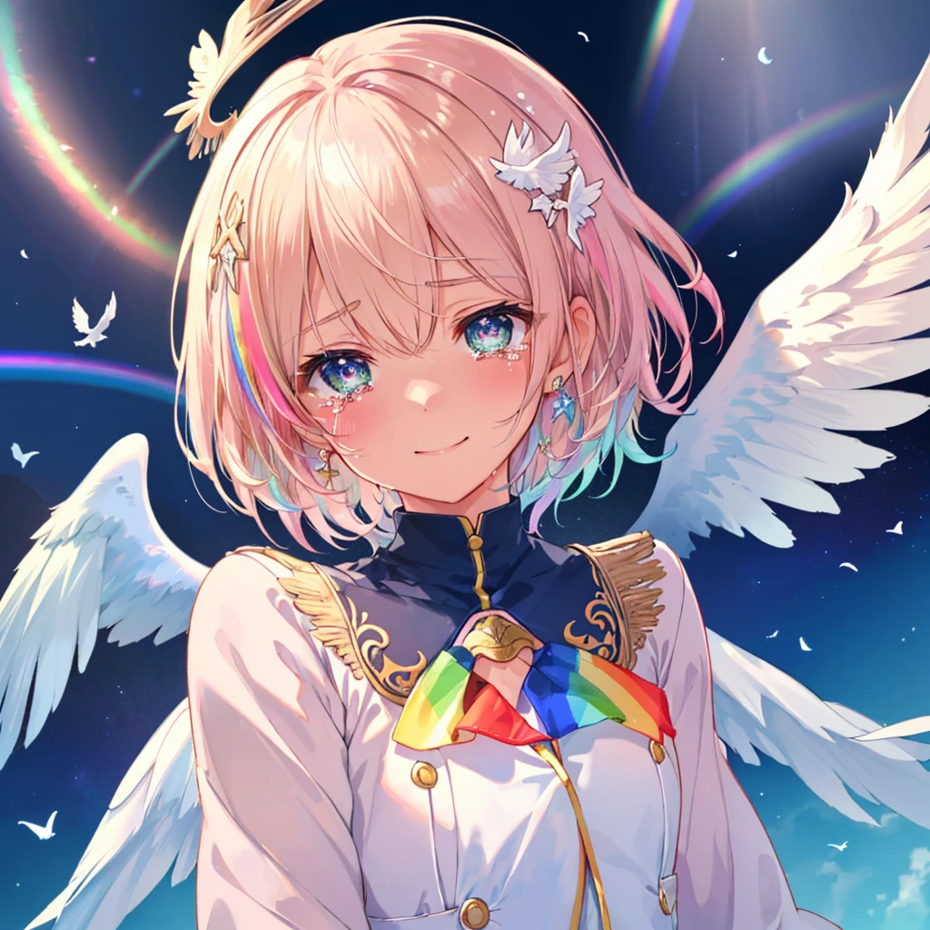 (((Extreme close-up　tears　smile　Low - Angle　Dove of peace　Angel Halo)))　((輝くtears　Rainbow Eyes　Short Hair　Receiving the light　Rainbow light　Place your hand on your chest　Aurora　Stretch your hand out towards me))　(Shining Edge　　Pillar of Light)