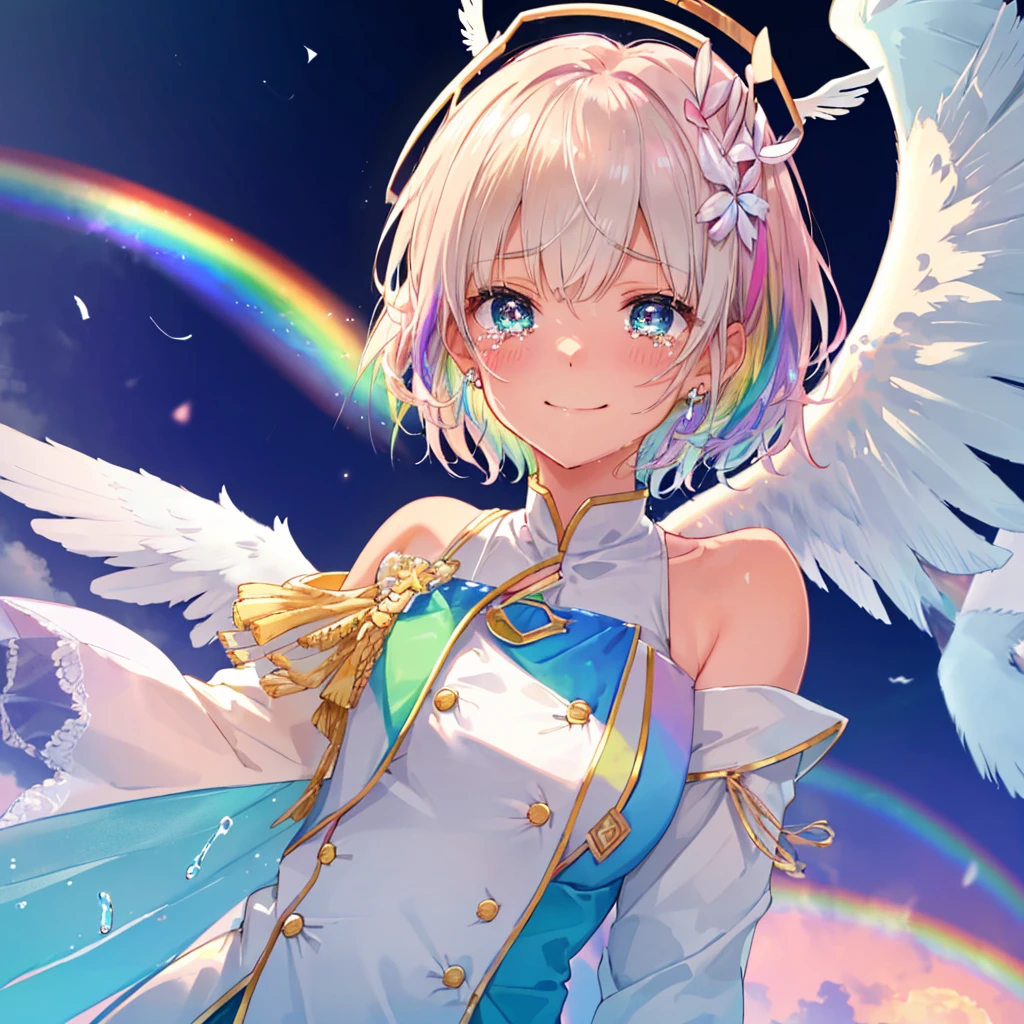 (((Extreme close-up　tears　smile　Low - Angle　Dove of peace　Angel Halo)))　((輝くtears　Rainbow Eyes　Short Hair　Receiving the light　Rainbow light　Place your hand on your chest　Aurora　Stretch your hand out towards me))　(Shining Edge　　Pillar of Light)
