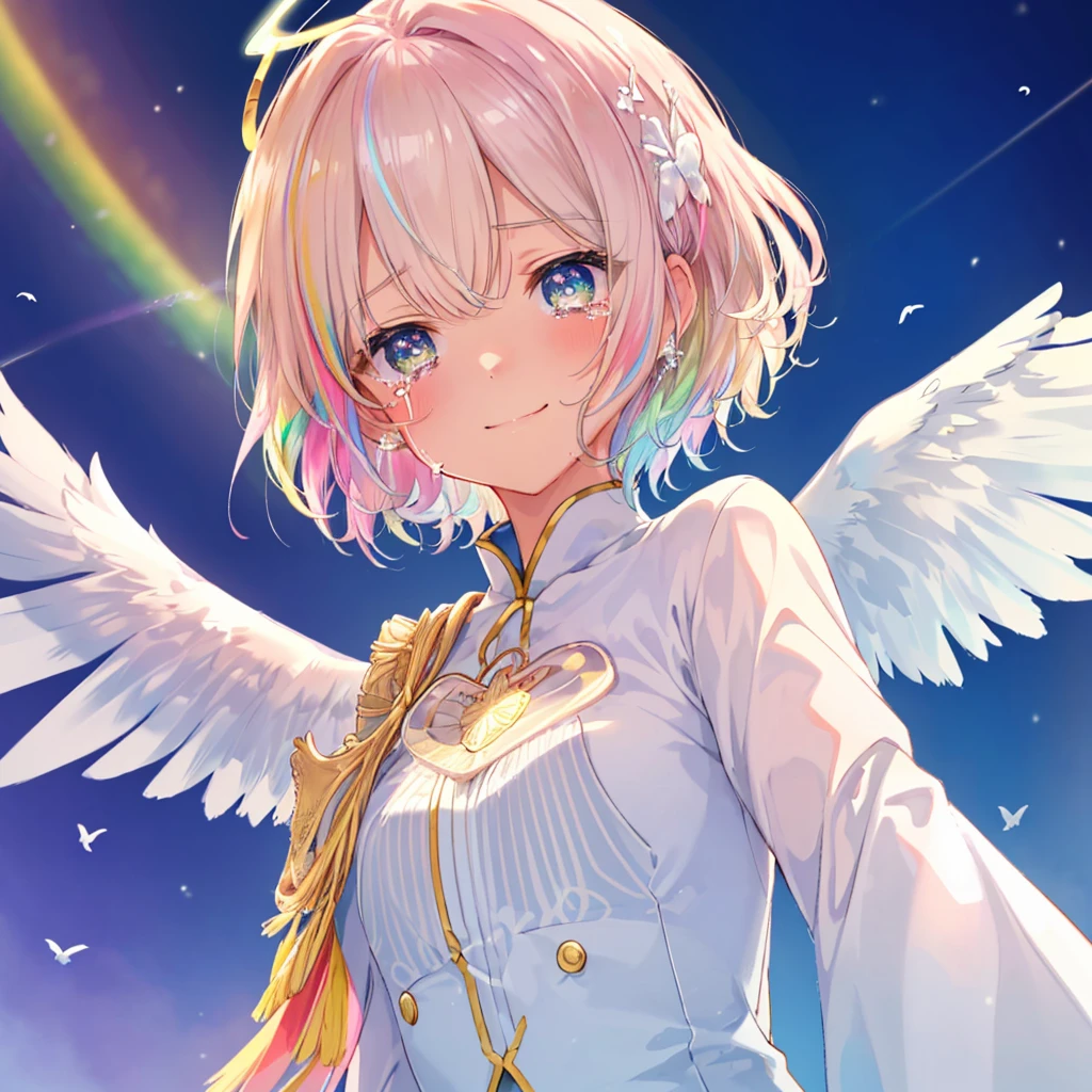 (((Extreme close-up tears smile Low - Angle Dove of peace Angel Halo))) ((輝くtears Rainbow Eyes Short Hair Receiving the light Rainbow light Place your hand on your chest Aurora Stretch your hand out towards me)) (Shining Edge Pillar of Light)