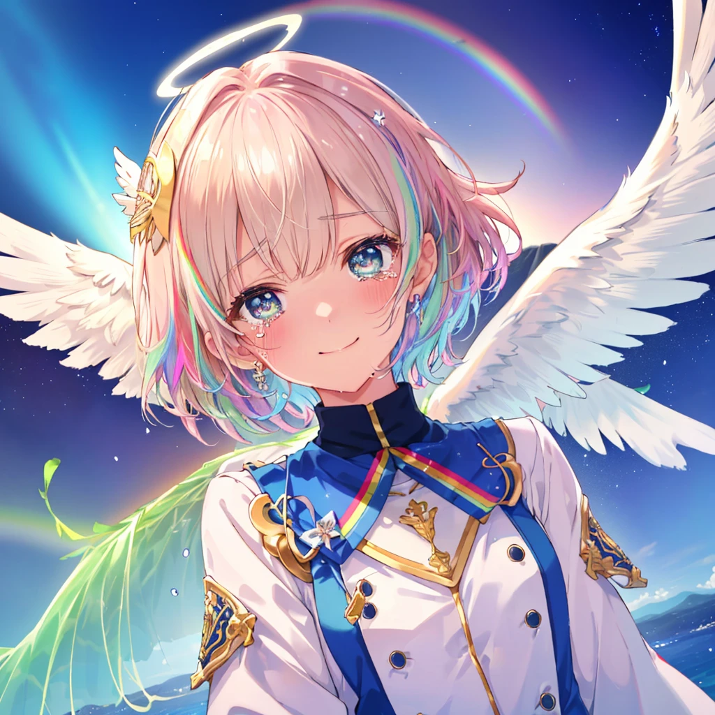 (((Extreme close-up tears smile Low - Angle Dove of peace Angel Halo))) ((輝くtears Rainbow Eyes Short Hair Receiving the light Rainbow light Place your hand on your chest Aurora Stretch your hand out towards me)) (Shining Edge Pillar of Light)