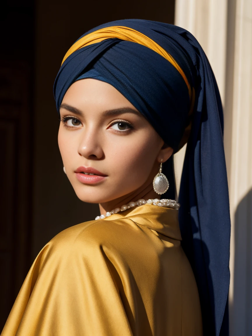 8K, ultra realistic photo, in the style of Mario Testino, photo of a teenage girl, bust shot, black uniform background, shoulders turned to the left of the frame, shown from three-quarters back, head rotated to the left revealing her face three-quarters front, looking at the viewer with sideways eyes, very light blonde eyebrows, speaking to the viewer with slightly open, red and plump lips, head covered with an ultramarine blue turban, hair not visible, hair covered by turban, topped with a yellow fabric hanging down her back, wearing a pearl earring on the left ear, wearing a jacket with a white collar, heavy fabric with few folds, dark ochre or brown color, strong light from the left side, illuminating her face almost directly, varied shadows on her back and the back of her head, pearl earring reflecting light in the shadowed area