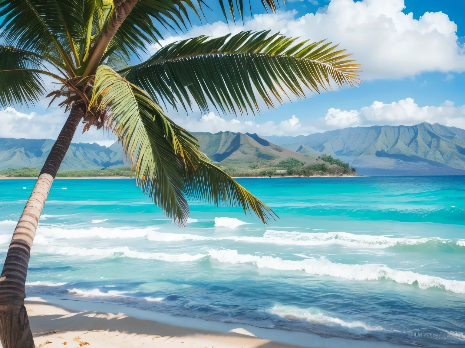 Hawaiian Ocean Palm trees on the left1Book Watercolor Morning The wave pattern is beautiful