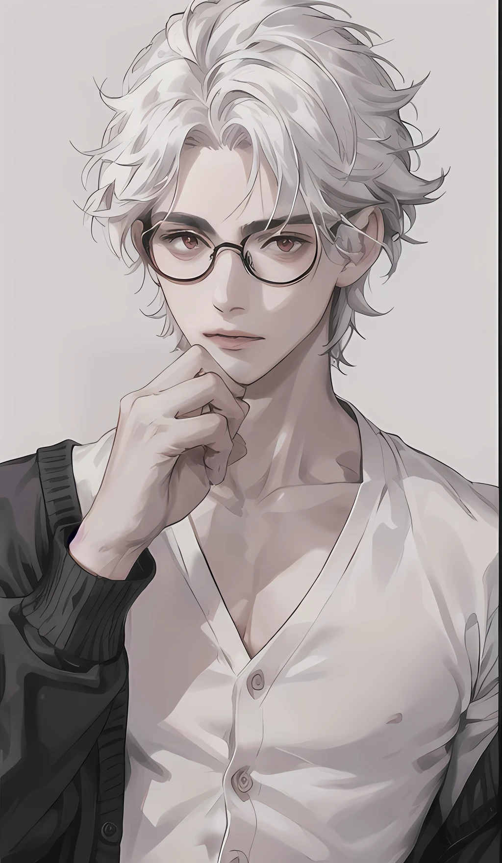 red eyes, pale skin, white messy hair styled in a wolfcut, leaned body, skinny hands, visible veins, sensitive lips, elegant almost delicate face features, wears a black round glasses, white shirt, college clothing, cream space-theme cardigan.