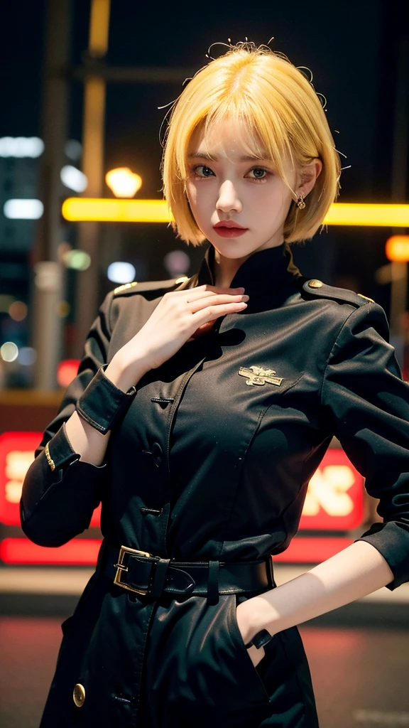 ((Best Quality, 8k, Masterpiece: 1.3)), Focus Sharp: 1.2, Outstanding Beauty: 1.4, yellow hair, red eyes, police uniform, black coat, (Night City, Street: 1.1), bob cut hairstyles, Earring, Highly Detailed Face and Skin Texture, Detailed Eyes, Double Eyelids,