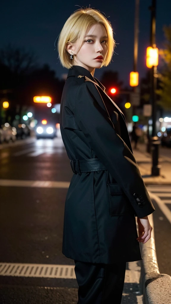 ((Best Quality, 8k, Masterpiece: 1.3)), Focus Sharp: 1.2, Outstanding Beauty: 1.4, yellow hair, red eyes, police uniform, black coat, (Night City, Street: 1.1), bob cut hairstyles, Earring, Highly Detailed Face and Skin Texture, Detailed Eyes, Double Eyelids,