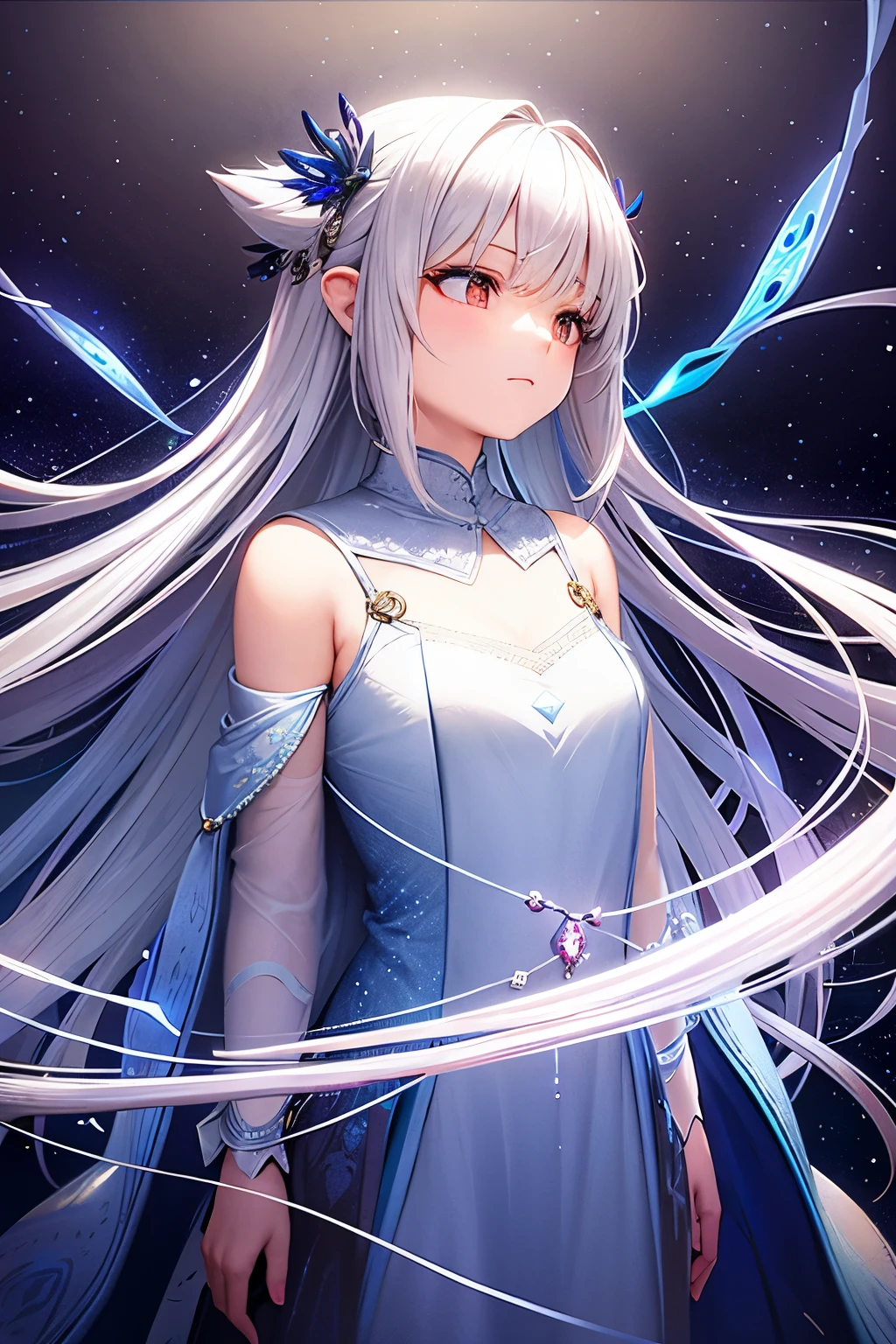 Binary Paths to Our Dreams, An Artistic Illustration --s2
Two ethereal paths, intertwined, leading towards a distant future, illuminated under the soft glow of a celestial dreamscape. A young woman with long, shimmering silver hair adorned with starlight, stands at the crossroads, contemplating her destination. Her bangs cascade down lightly tinged with a radiant silver blush, her bright, vast eyes reflecting the infinite potential within. Suspended on a delicate strand of dreamweave, a small red bow made of shimmering stardust rests upon her head.
Her outfit consists of