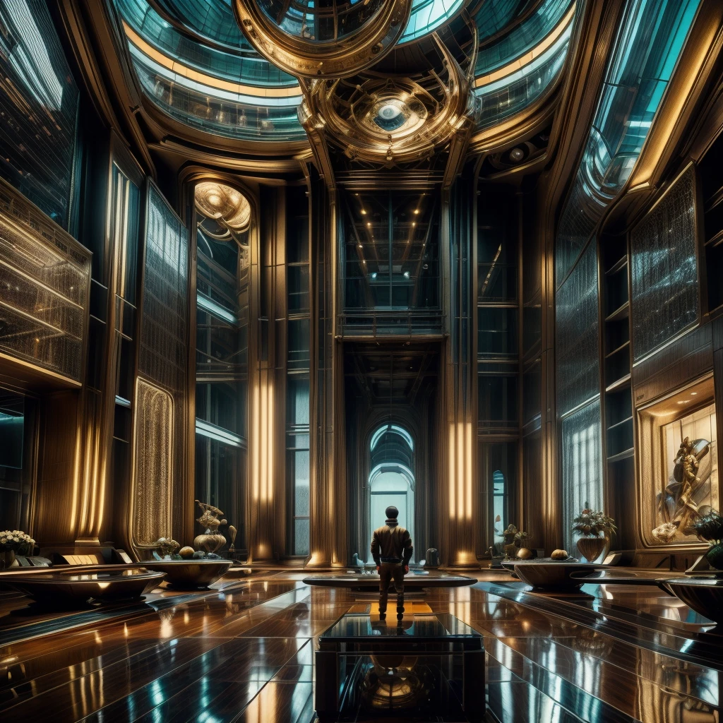 A male protagonist with a large pet looks up from the large floor-to-ceiling windows of a super-tall skyscraper,There are luxury cars indoors, There are large works of art, Outside the window is the city of the future
