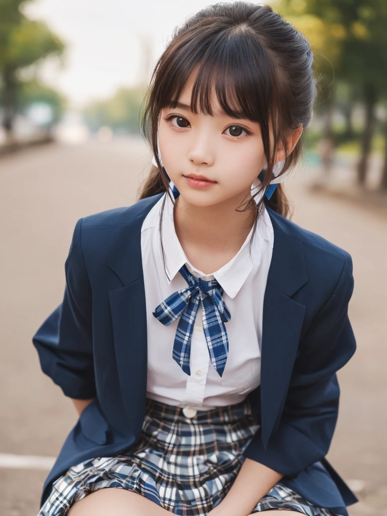 ((smile))、Confused、RAW Photos、(((The ultimate portrait masterpiece)))、((The cutest girl in the world:1.4))、1 girl、、Japanese、Cute face、((Silky Hair))、(A high ponytail tied with a ribbon:1.4)、((Super huge breasts:1.4))、((Eyes that shine like jewels))、Glowing Skin、(young woman;A school uniform consisting of a transparent white shirt, Thin ribbon, blazer, Checkered pleated skirt.:1.5)、Winter clothes、(Uniforms made from high-quality fabrics:1.4)、Ultra-detailed uniforms、(She shyly pulls up her skirt:1.3)、(Lace panties are visible.:1.3)、((Crotch from the front))、A skirt fluttering in the wind、eyeliner、Beautiful Bangs、Hair between the eyes、((solve、High resolution))、Detailed Background、8 KUHD、Digital SLR、Soft Light、high solve、Film Grain、Fujifilm XT3、Shallow depth of field、自然なSoft Light、Narrow waist,(Beautiful girl with sparkling eyes:1.3),(A big bust that seems to burst:1.4),(Squatting down so your pants aren't visible:1.59)