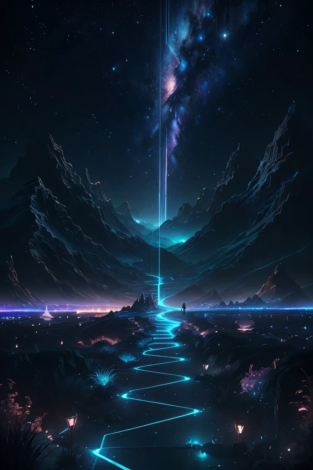 A high-definition, 8K, hyper-realistic digital illustration illustrating binary paths leading towards dream-filled landscapes. The composition features two contrasting paths, one jet black, adorned with neon blue inverter gates and binary codes, symbolizing the logical, analytical route to success. Conversely, the other path is illuminated by a warm, soft glow, meandering through vibrant, dreamlike sceneries, signifying the imaginative, creative journey. The scene is set in a mostly cloudy night sky, where stars twinkle and moons cast their silvery glow on the paths below. The overall atmosphere is contemplative and introspective, inviting viewers to env