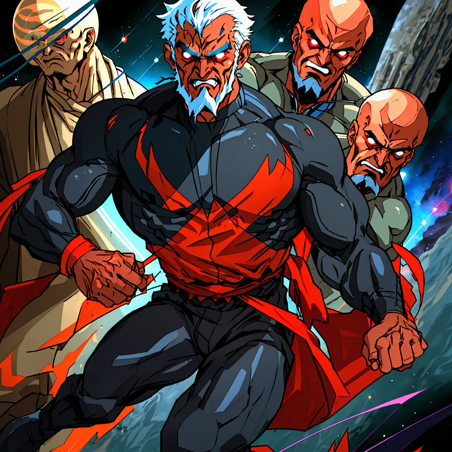 1man, masterpiece, best quality, detailed background, solo, full body, facial hair, muscular male, floating, aged up, tight Super Hero Outfit, anger, yelling, furious supernatural power glowing, Space, Outer space, Vibrant Colorful planets, depth of field