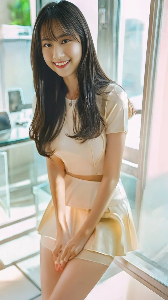 A Japanese woman wearing a white shirt and a short tight skirt poses for a photo、Facing forward、Long legs、sleek legs、(Highest quality、high resolution、High resolution、masterpiece、8K:1.2)、背が高くてSlim figure、Wear tight fitting clothes、mini skirt、tall、Slim figure、Wearing high heels、Beautiful feet、Japanese female fashion model、For tight clothing、ドレスシャツとmini skirt、Detailed face、Detailed eyes、Shiny Hair、Beautiful Japanese Women、Smiling Kindly、Office Clothes、Business Casual、(Clear photos、RAW Photos、Lifelike, detailed photos:1.3)、Mid-chest、Thin arms、Natural color stockings、pantyhose、Looking at me with a smile、Clear photos、(Kodak Portra 800 Film SMC Takumar 35mm F/ 2. 8 50 sec:1.1)、(RAW Photos、Photos like the real thing:1.2)、