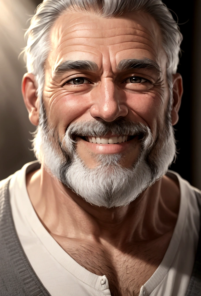 45 year old man smiling with gray beard, combed hair