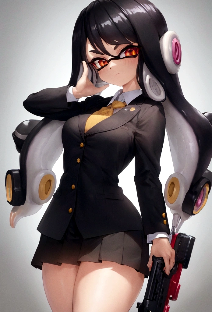 masterpiece, Highest quality, figure, Super detailed, In detail, High resolution, 8k wallpaper, Perfect dynamic composition, Splatoon, Black Hair, Gun holding in hand, Inkling, Girl. School Blazer, Thick thighs