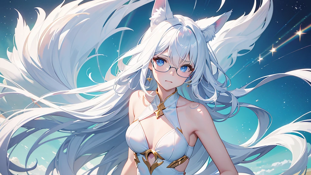 best quality, 8K, original photo, Ridiculous, Extremely detailed, Fox ears,baby face, No makeup, Provocative expressions,slim, Perfect proportion, White straight hair, (wind, wind-effect), blue eyes, Various visual styles for backgrounds,combines various artistic elements,like a sparkling iridescent rainbow,White Fox Girl,swimsuit,Gold frame glasses