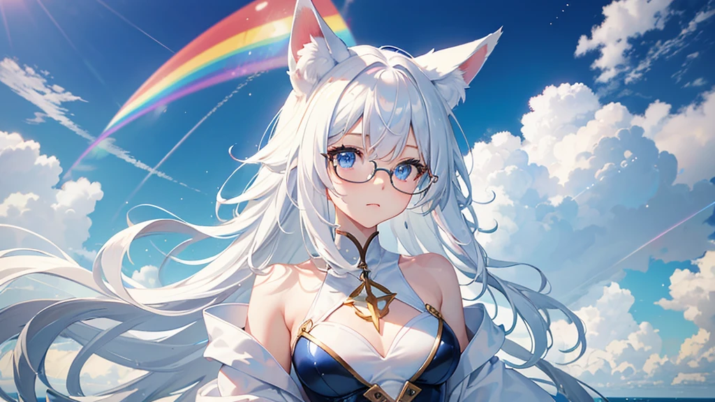 best quality, 8K, original photo, Ridiculous, Extremely detailed, Fox ears，baby face, No makeup, Provocative expressions，slim, Perfect proportion, White straight hair, (wind, wind-effect), blue eyes, Various visual styles for backgrounds，combines various artistic elements，like a sparkling iridescent rainbow，White Fox Girl，swimsuit，Gold frame glasses
