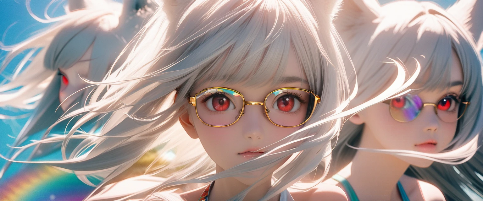 best quality, 8K, original photo, Ridiculous, Extremely detailed, Fox ears,baby face, No makeup, Gentle and focused, slim, Perfect proportion, White straight hair, (wind, wind-effect), Red Eyes, Various visual styles for backgrounds,combines various artistic elements,like a sparkling iridescent rainbow,White Fox Girl,swimsuit,Gold frame glasses
