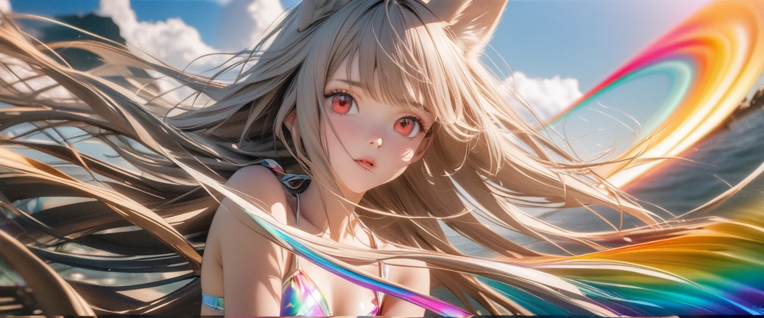 best quality, 8K, original photo, Ridiculous, Extremely detailed, Fox ears,baby face, No makeup, Gentle and focused, slim, Perfect proportion, White straight hair, (wind, wind-effect), Red Eyes, Various visual styles for backgrounds,combines various artistic elements,like a sparkling iridescent rainbow,White Fox Girl,swimsuit,Gold frame glasses