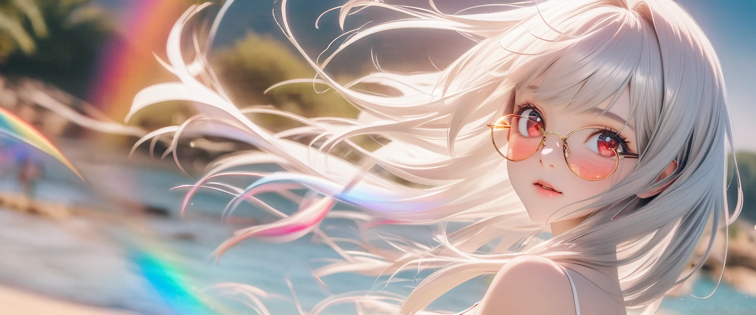 best quality, 8K, original photo, Ridiculous, Extremely detailed, Fox ears，, No makeup, Gentle and focused, slim, Perfect proportion, White straight hair, (wind, wind-effect), Red Eyes, Various visual styles for backgrounds，combines various artistic elements，like a sparkling iridescent rainbow，White Fox Girl，swimsuit，Gold frame glasses