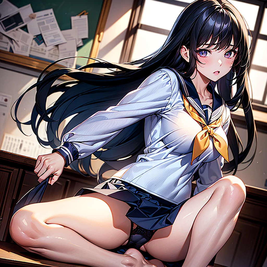 (masterpiece、Highest quality、High resolution、Highest quality、Realistic depiction)Created by Girl(whole body)、Long Black Hair、Beautiful Eyes、high school girl、Classroom after school、Showing her underwear at a low angle、Panty shot、Sailor suit、Big Breasts、Chest、She spreads her legs wide to show her underwear.、Crotch Emphasis、Embarrassed