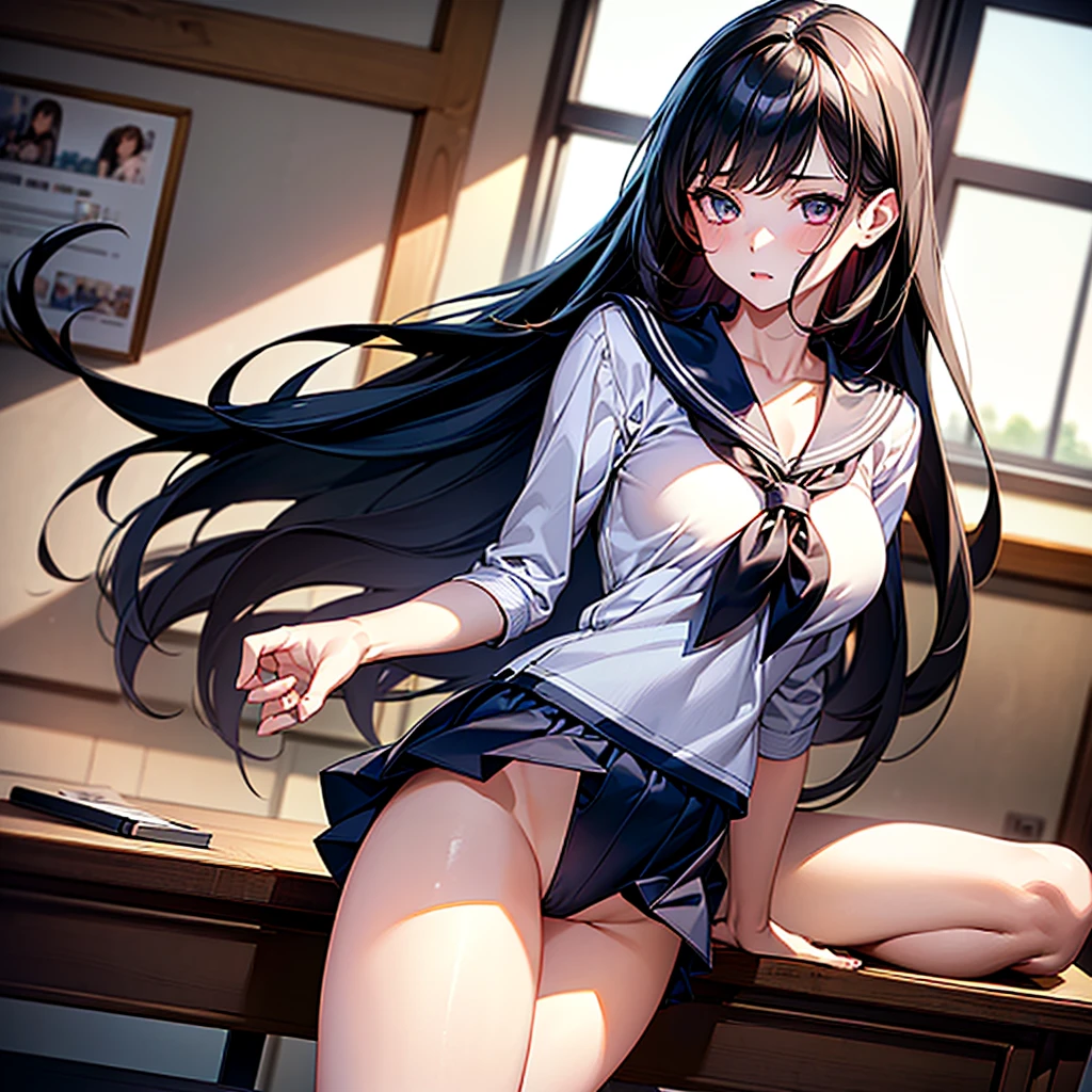 (masterpiece、Highest quality、High resolution、Highest quality、Realistic depiction)Created by Girl(whole body)、Long Black Hair、Beautiful Eyes、high school girl、Classroom after school、Showing her underwear at a low angle、Panty shot、Sailor suit、Big Breasts、Chest、She spreads her legs wide to show her underwear.、Crotch Emphasis、Embarrassed