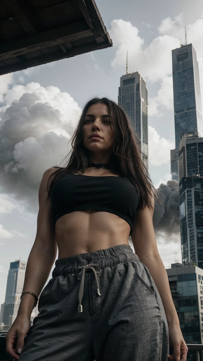 "A towering Giantess in a cool and laid-back hippie style is rocking a crop top and baggy pants. Her toned and athletic build hints at her massive strength. She seems to be casually strolling through the bustling cityscape of GTS City, as towering buildings loom overhead. Smoke and clouds roil around her, adding to the sense of epic scale and drama. The lighting is dark, gloomy, and realistic, creating a tense and ominous atmosphere. The perspective is from below, emphasizing the sheer majesty and power of the Giantess."
